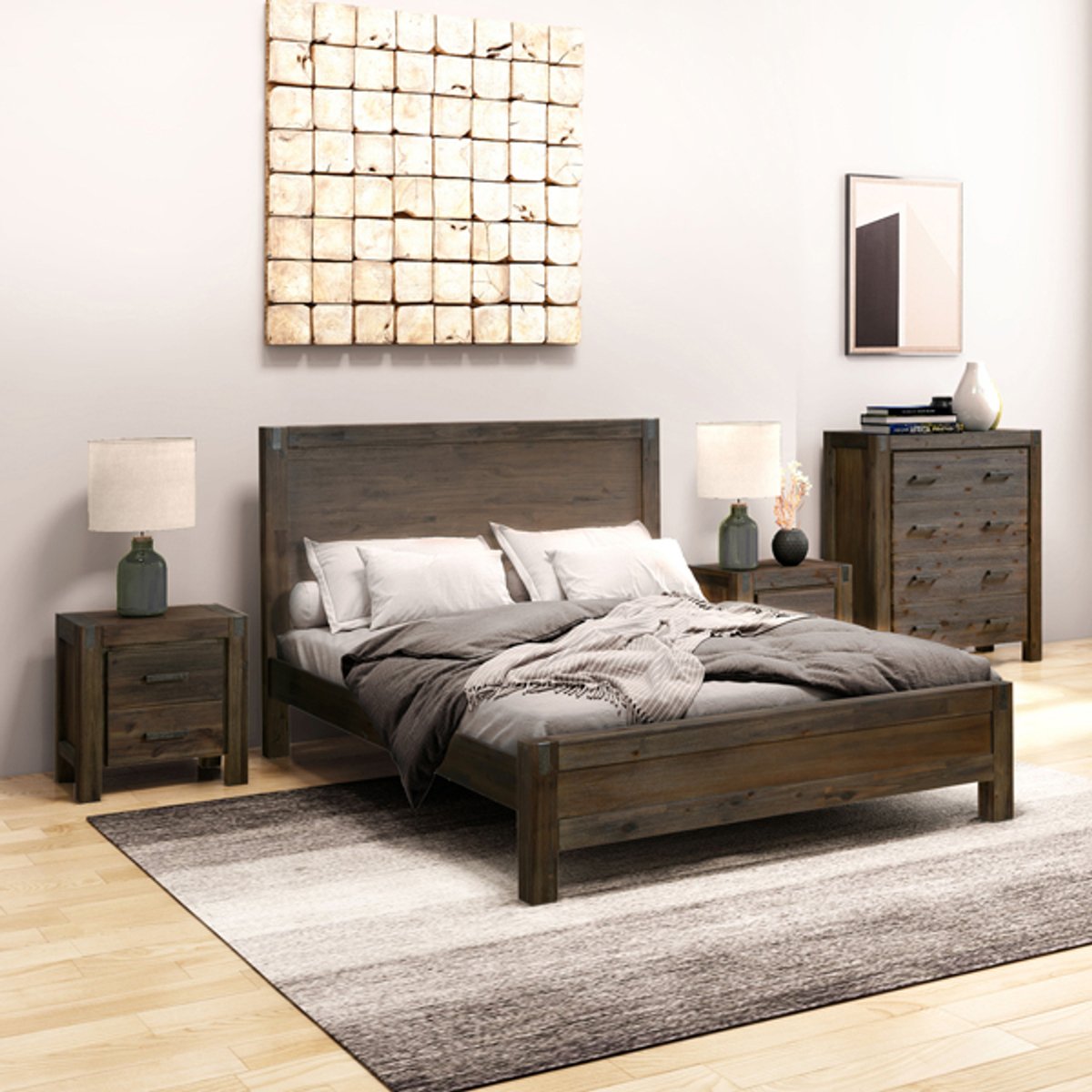 5 Pieces Bedroom Suite in Solid Wood Veneered Acacia Construction Timber Slat Double Size Chocolate Colour Bed, Bedside Table, Tallboy & Dresser main image 0