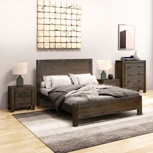 4 Pieces Bedroom Suite in Solid Wood Veneered Acacia Construction Timber Slat Double Size Chocolate Colour