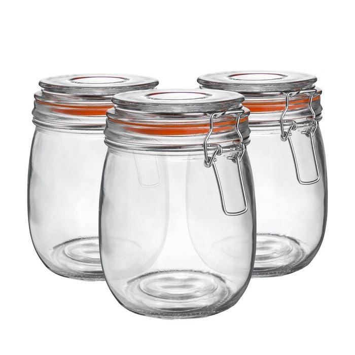Argon Tableware Glass Storage Jars - 750ml/26.4oz - Set Of 3 - 4 Colour Seals Airtight Kitchen Storage Container Preserving Jar