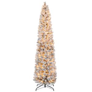 Costway 2.1M Slim Pencil Artificial Christmas Tree Snow-Flocked  Xmas Tree w/210 LEDs