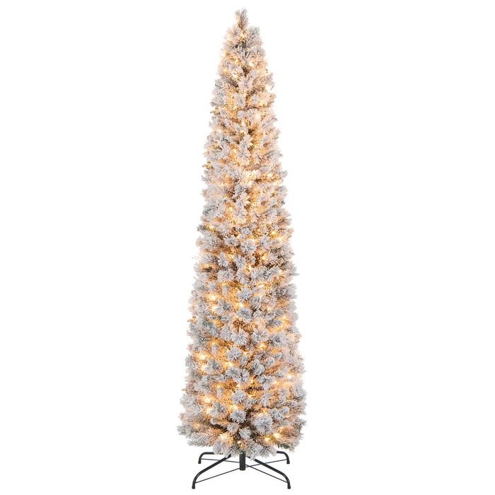 Costway 2.1M Slim Pencil Artificial Christmas Tree Snow-Flocked  Xmas Tree w/210 LEDs