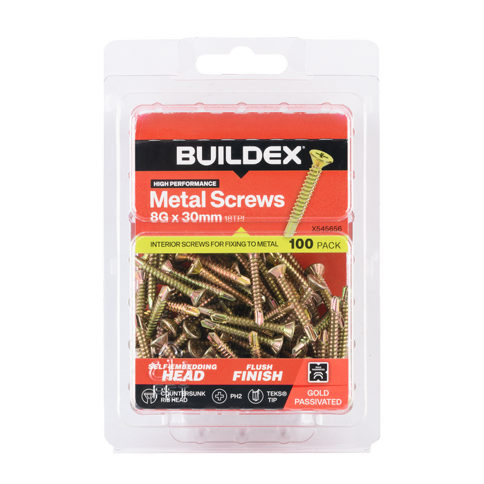 Buildex 8G x 30mm Gold Passivated Sheet Metal Screws - 100 Pack