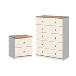 Harriet 5-Drawer Chest of Drawers Tallboy + 2 Drawers Bedside Table (Pine color)