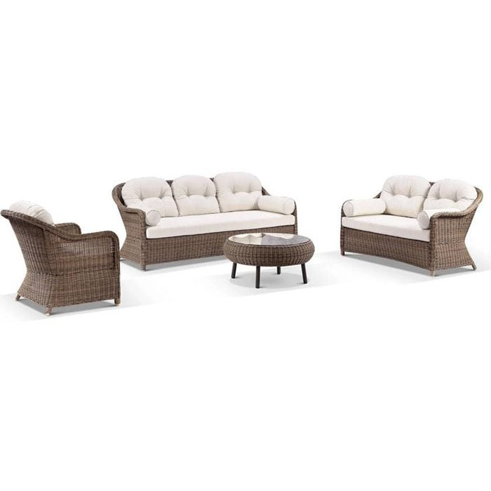 Plantation Outdoor Wicker 3+2+1+1 Seater Lounge Set Brushed Wheat With Coffee Table & Cream Cushions