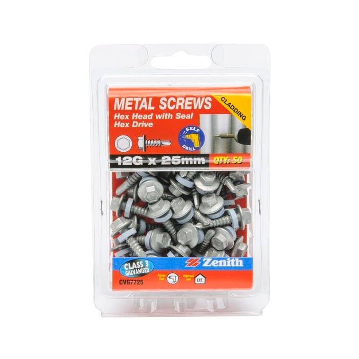 Zenith 12G x 25mm Galvanised Hex Head With Seal Metal Screws - 50 Pack