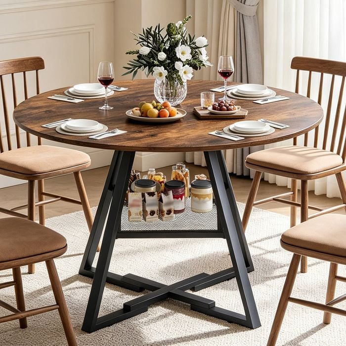 Advwin 107cm Round Dining Table Industrial Kitchen Table Circle Dinner Table Walnut