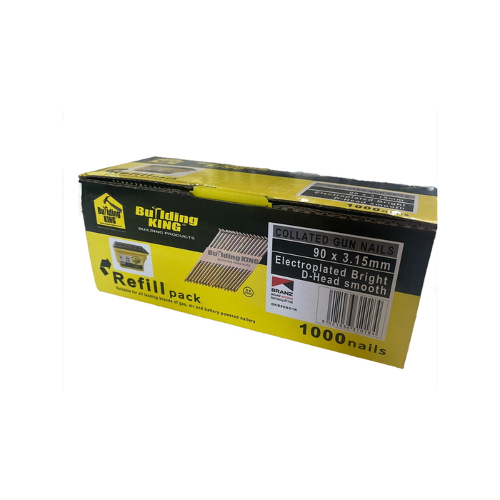 Building King 90 x 3.15mm D Head Electroplated Bright Collated Nails - 1000 Pack