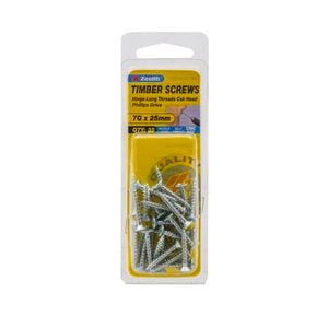 Zenith 7G x 25mm Zinc Plated Hinge-Long Thread Countersunk Head Timber Screws - 35 Pack