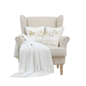 SOGA Christmas Bundle – 2 White & Gold Christmas Sleigh Pillow & White Knitted Throw Blanket