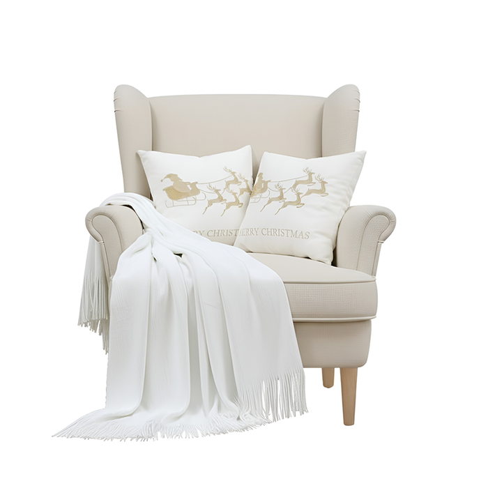 SOGA Christmas Bundle – 2 White & Gold Christmas Sleigh Pillow & White Knitted Throw Blanket