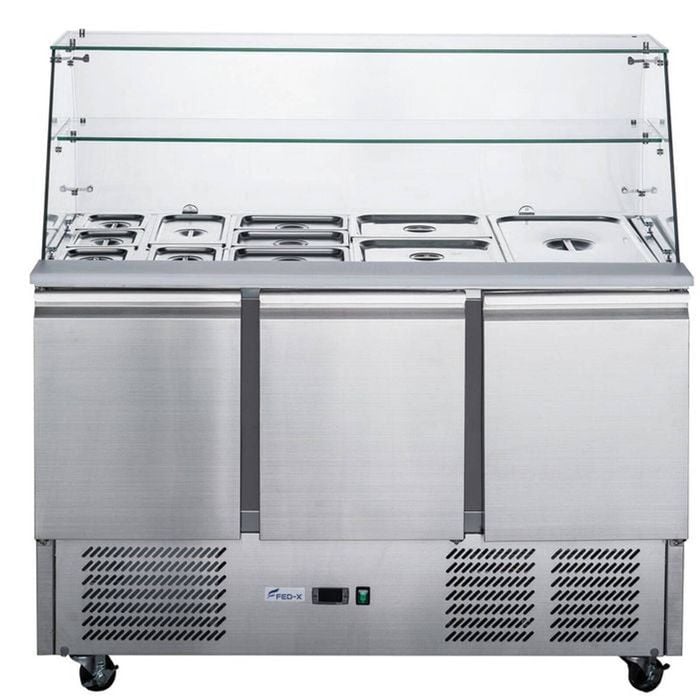 FED-X Three Door Salad Prep Fridge with Square Glass Top