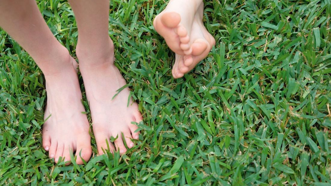Two persons standing on lawn.