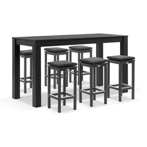 Santorini Outdoor 2m Bar Table Charcoal With 6 Avoca Stools & Denim Grey Cushions