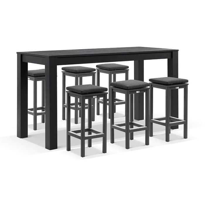 Santorini Outdoor 2m Bar Table Charcoal With 6 Avoca Stools & Denim Grey Cushions