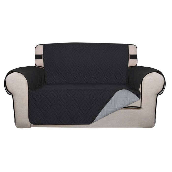 Smarcute 2 Seater Quilted Reversible Pet Friendly Non-Slip Sofa Cover with Straps Black