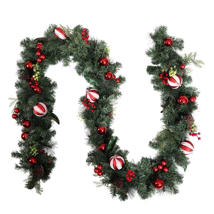 P&P Green Christmas Garland 2.7m with Red Berries Pine Cones & Baubles Indoor Outdoor