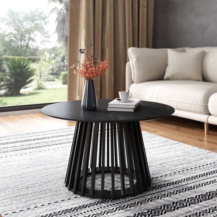 Round Slatted Coffee Table 80cm Black