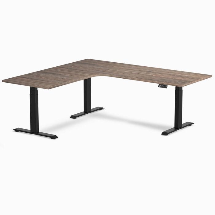 Desky L-shape Sit To Stand Natural Walnut Melamine Desk 2000x1800mm - Left Return Height Adjustable Matte Black Leg