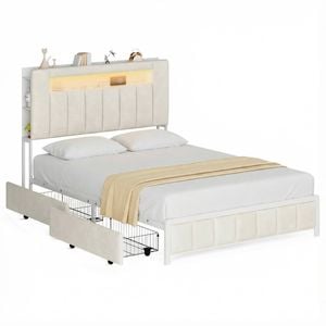 Advwin Queen Size Upholstered Bed Frame with 2 Drawers and Hidden Storage, LED Light and Charging Station Beige