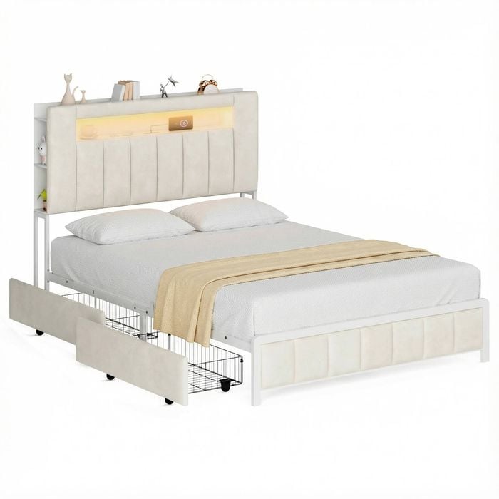 Advwin Queen Size Upholstered Bed Frame with 2 Drawers and Hidden Storage, LED Light and Charging Station Beige