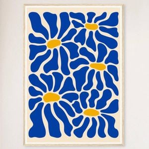 Galrie Vibrant Blue Flowers - Matisse Inspired Abstract Art Print for Home Decor, Wood Frame, A0 84 x 119cm (33 x 47inch)