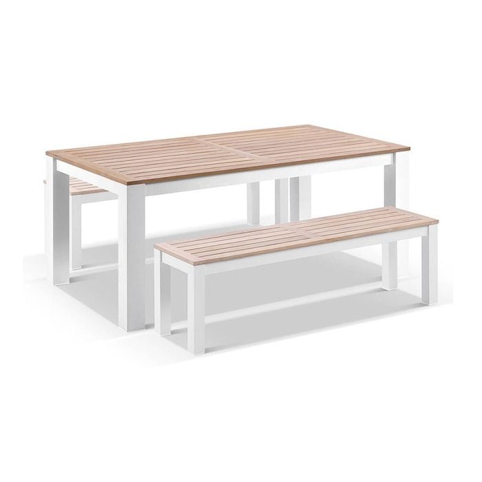 Outdoor Balmoral 1.8M Teak Top Aluminium Table With 2 Bench Seats White