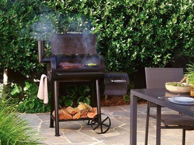 Jumbuck offset smoker barbecue in an outdoor entertaining area.