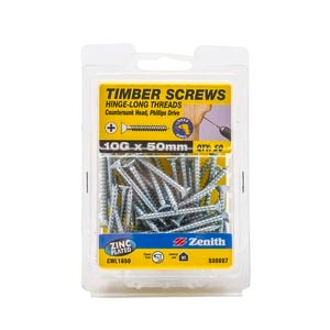 Zenith 10g x 50mm Hinge-long Thread Zinc Plated Timber Screws - 50 Pack