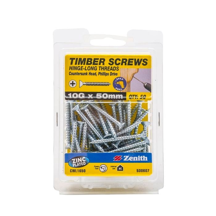 Zenith 10g x 50mm Hinge-long Thread Zinc Plated Timber Screws - 50 Pack
