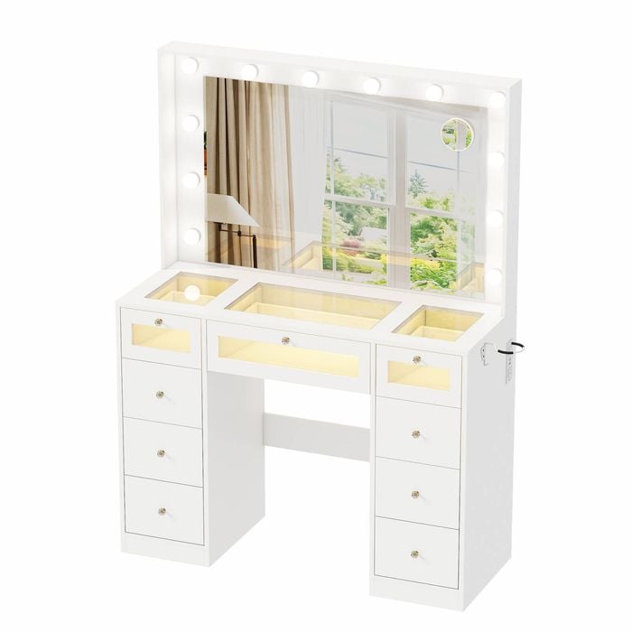 Ufurniture Large Dressing Table with LED and Glass Top Makeup Vanity Desk with Mirror Power Outlet and 9 Drawers White