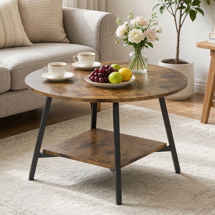 Ufurniture 73cm Round Coffee Table With 2-tier Storage Modern Sofa Tea Table Dining End Side Table Rustic Brown