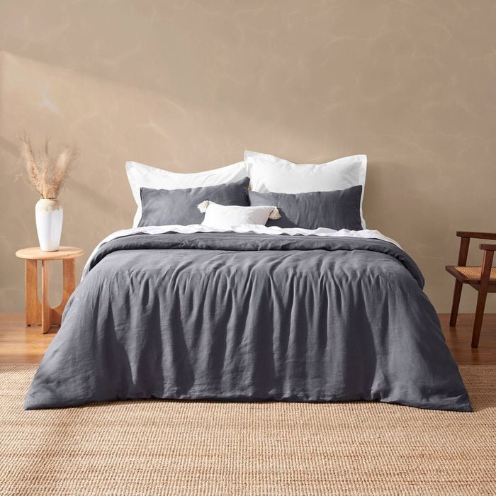 Natural Home Vintage Washed Hemp Linen Quilt Cover Set Charcoal - Queen Bed