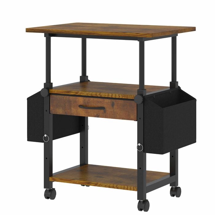Ufurniture 3-tier Printer Stand With Storage Fabric Drawer Height Adjustable Table With Wheels & Adjustable Feet Brown+black