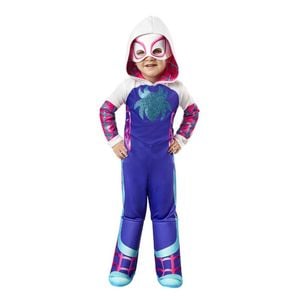 Kids Ghost Spider Halloween Costume Marvel Rising – Deluxe Jumpsuit with Hood and Mask White Purple Colour, TODDLER