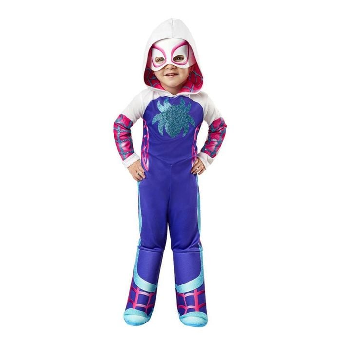 Kids Ghost Spider Halloween Costume Marvel Rising – Deluxe Jumpsuit with Hood and Mask White Purple Colour, TODDLER