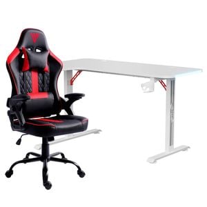 Advwin 140cm White Gaming Desk RGB LED Light & Ergonomic Gaming Chair Height Adjustable Black White