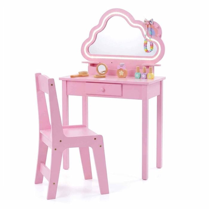 Costway Kid Vanity Set Lighted Cloud Mirror 2in1 Dressing Jewelry Rack Pink