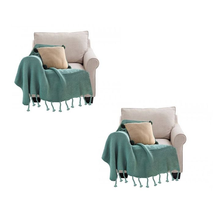 SOGA 2X Green Knitted Throw Blanket with Tassel Fringe