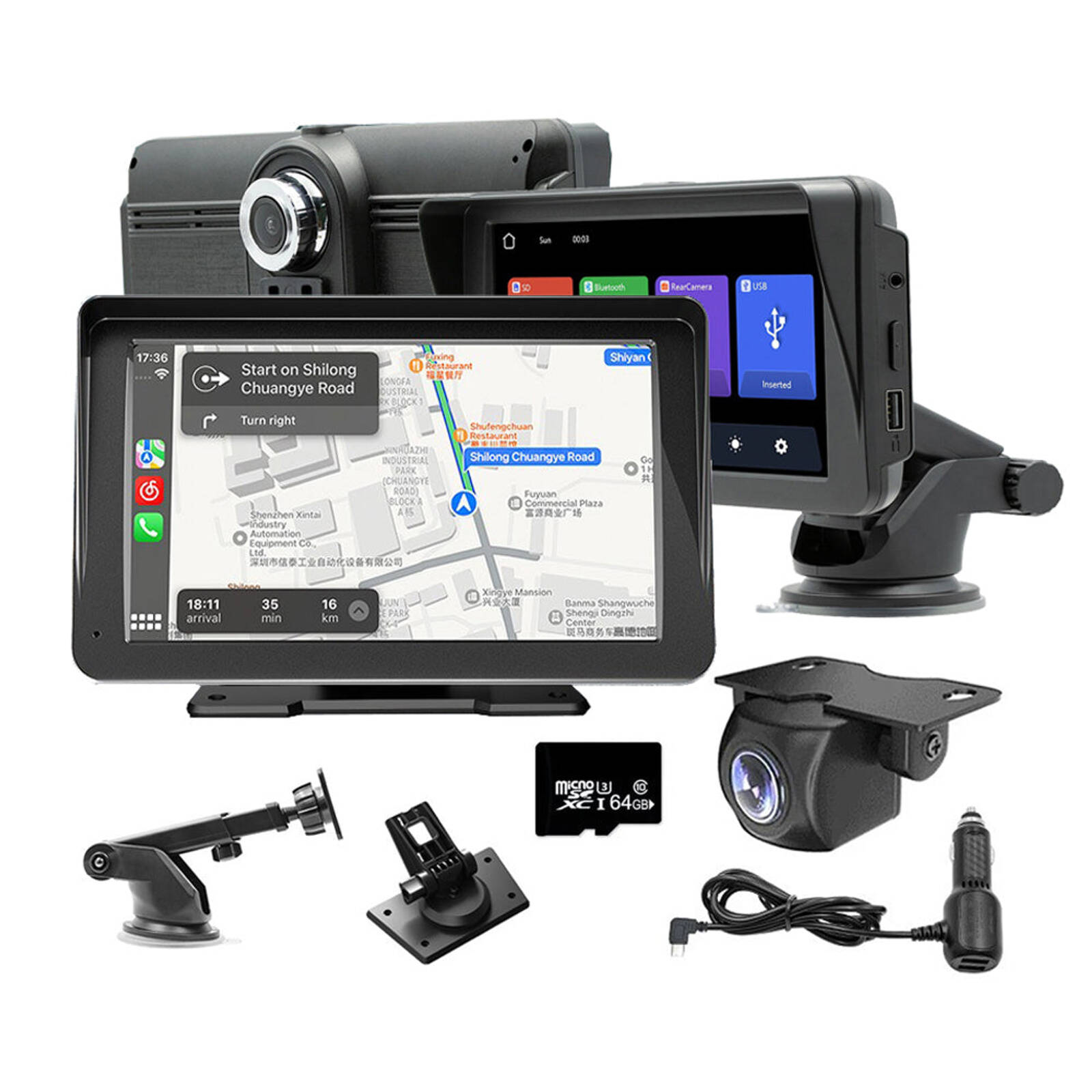 7" IPS HD Touch Screen Apple Android Auto Carplay and Dual Dashcams Comes With  64G TF Card