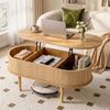 Homfurn Lift Top Coffee Table – Oval Fluted Design, 3 Hidden Storage Compartments, 100cm, Natural Finish