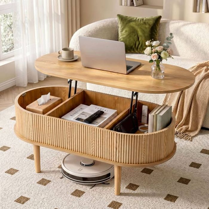 Homfurn Lift Top Coffee Table – Oval Fluted Design, 3 Hidden Storage Compartments, 100cm, Natural Finish