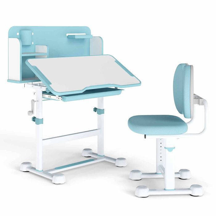 Costway Tilt Kid Study Desk & Chair Set Adjustable Writing Table Set Blue