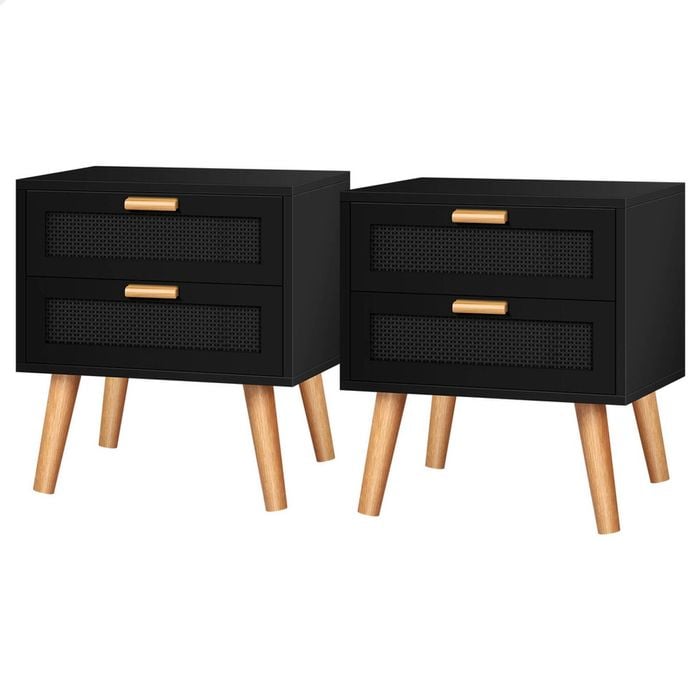 ALFORDSON Bedside Table Boho Rattan Black Set of 2