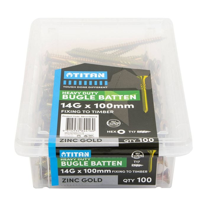 Titan 14G x 100mm Zinc Gold Timber Bugle Batten Screw - 100 Pack