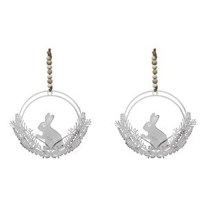 2x Metal 13cm Rabbit/Botanical Wreath Home/Garden Hanging Decor Ornament White