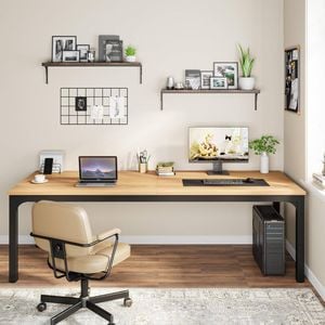 OAKORY 200cm Home Office Computer Desk Two Person Metal Frame Black & Light Walnut