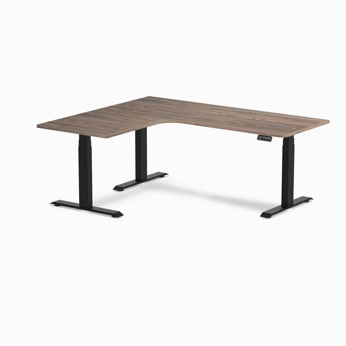 Desky L-shape Sit To Stand Natural Walnut Melamine Desk 1800x1500mm - Left Return Height Adjustable Matte Black Leg