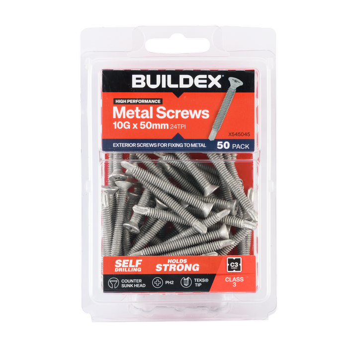 Buildex 10G x 50mm Class 3 Sheet Metal Screws (Countersunk Head) - 50 Pack