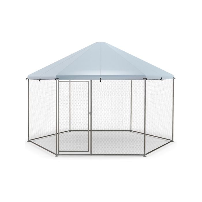 Costway Walk-in Chicken Coop Metal Poultry Cage W/wire Mesh & Waterproof Cover