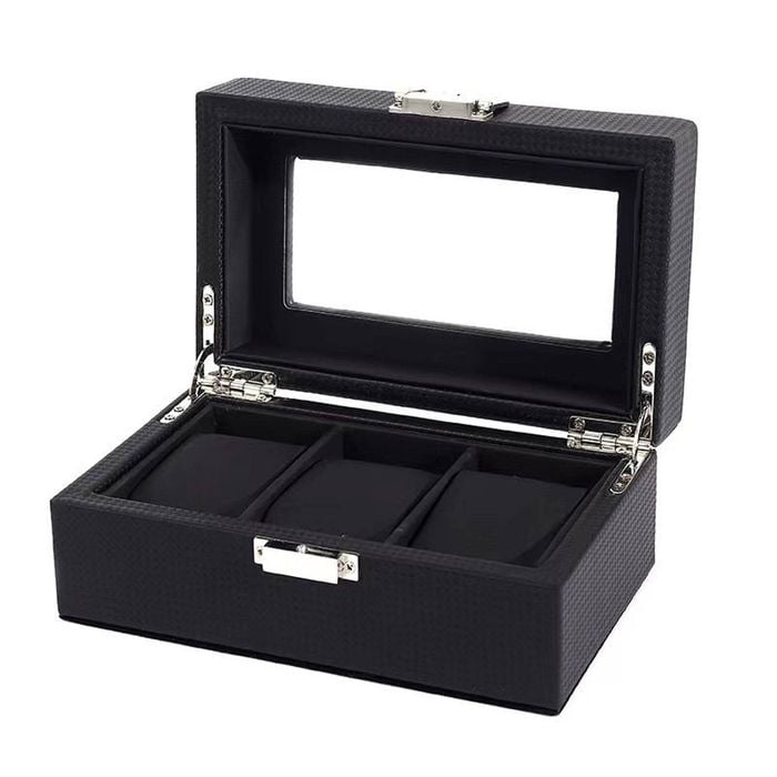 Catzon Watch Box With Glass Window Weaving Texture Watch Jewelry Organizer-3slot